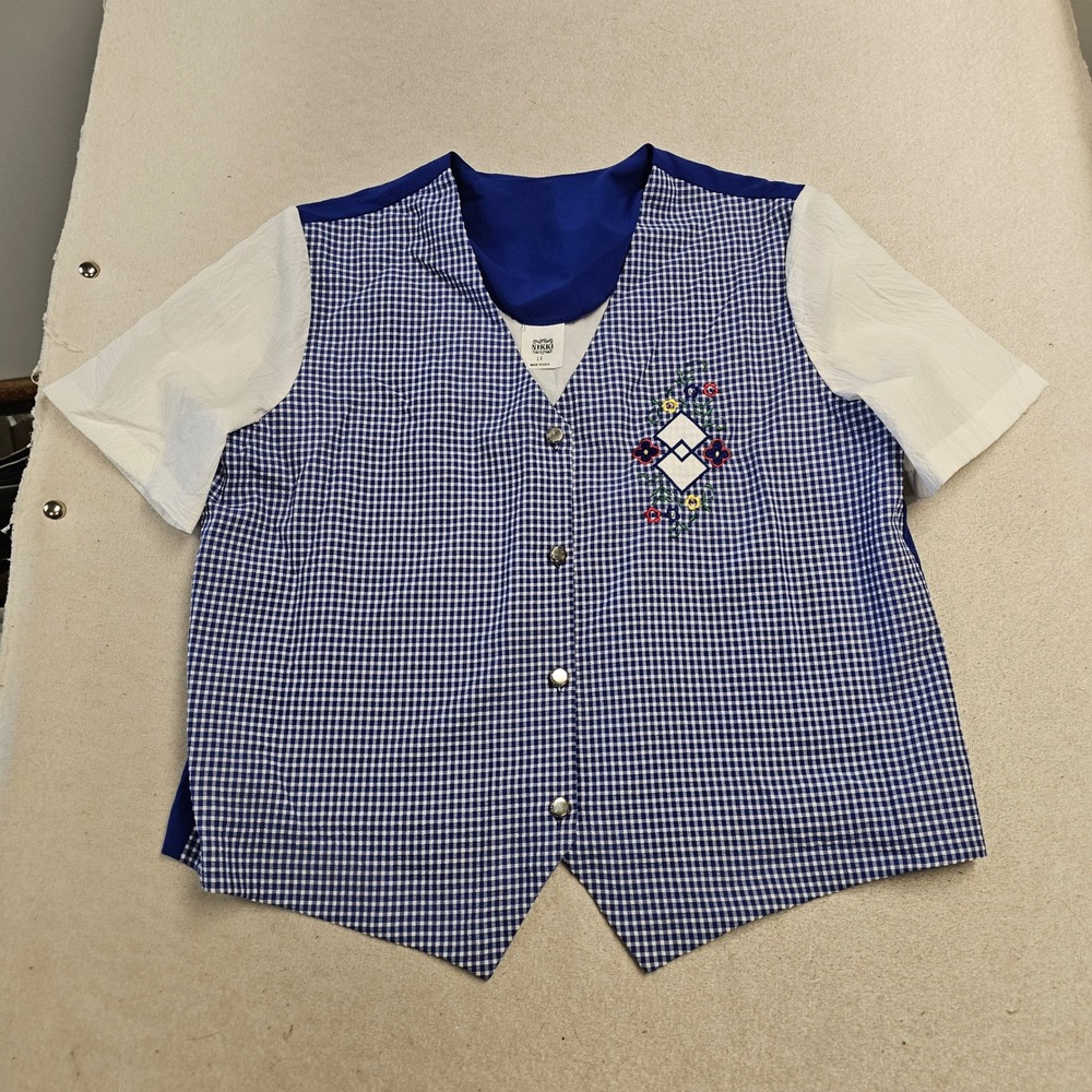 Nikki Vintage Blue Gingham Floral Embroidered Short Sleeve Top 1X Made in USA - Picture 1 of 7